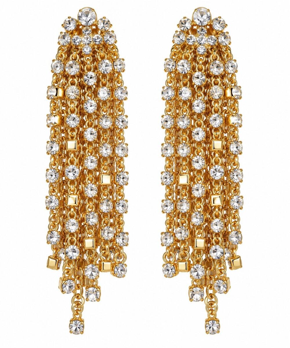OSCAR DE LA RENTA GOLD TONE CRYSTAL TASSEL DANGLE CLIP ON STATEMENT EARRINGS